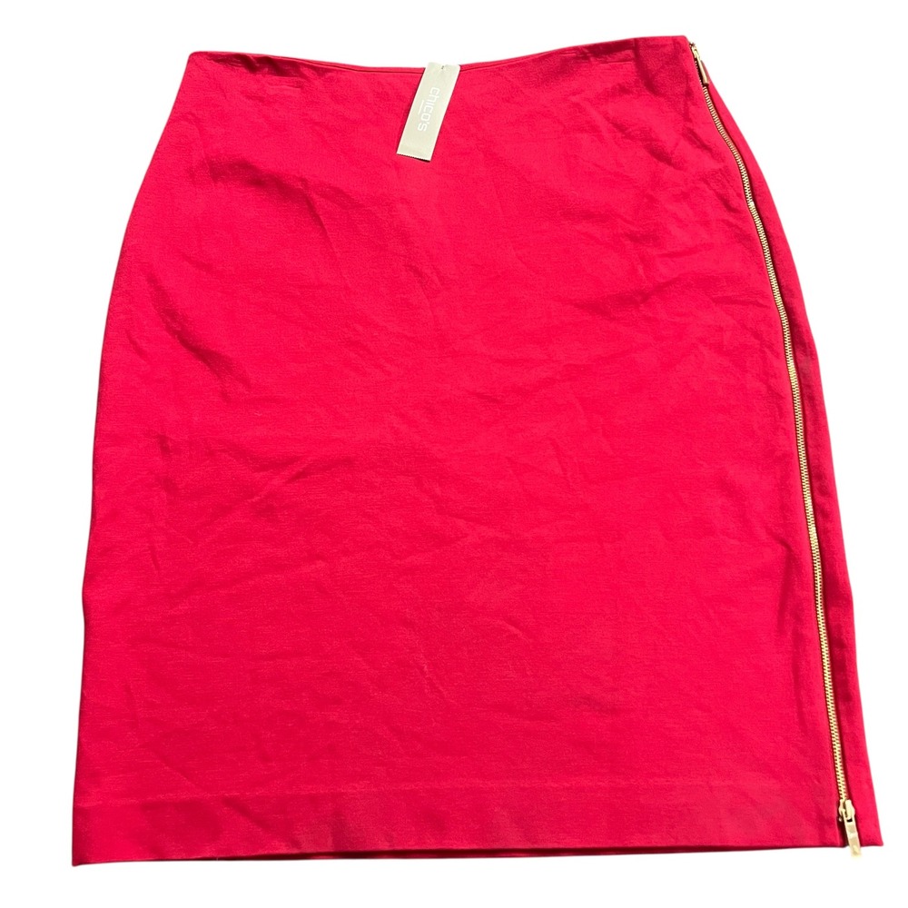 Chicos Women's Solid Renaissance Red Ponte Pencil Skirt With Gold Zipper